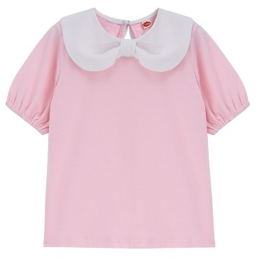 Girls Puff Short Sleeve Summer Top Kids Fashion Shirts Blouse Doll Collar with Cute Bow
