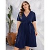 Plus Size Women's Pleated Midi Dress with Belt Flowy Casual Elegant Knee Length Dress for Work Summer - 2 of 4