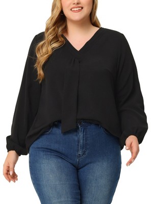 Agnes Orinda Women's Plus Size Office Fashion Long Sleeves Ribbon Front Chiffon Blouses