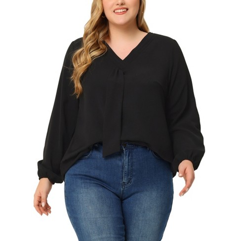 Unique Bargains Women's Plus Size Blouse Round Neck Work Ruffle Chiffon Tops  