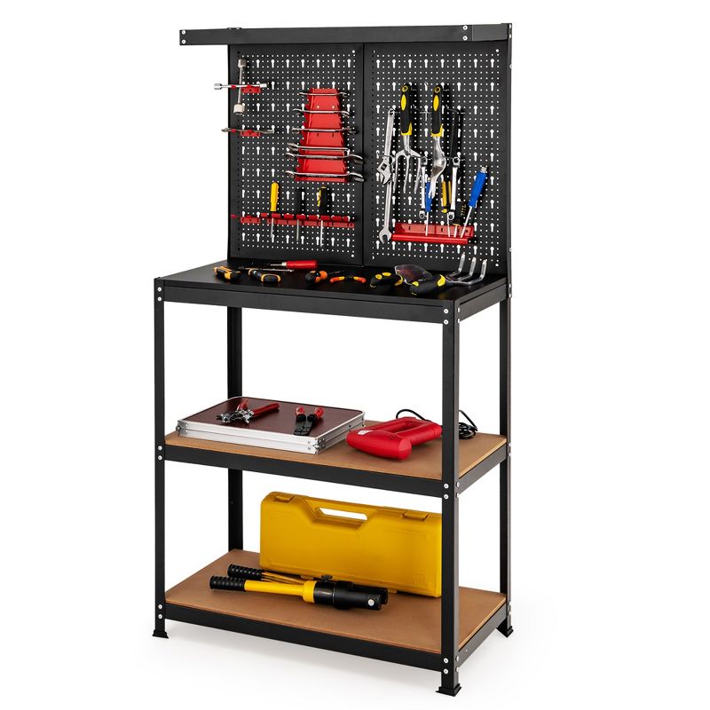 Costway Tool Storage Workbench 4 Shelf Multipurpose Garage Worktable w/Peg Board Hook Kit, 1 of 11