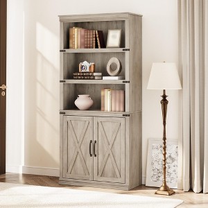 Farmhouse Book Shelf with Door, 5 Tier Wooden Book Case with Storage, 68.7" Tall Display Shelf for Living Room, Home Office - 1 of 4