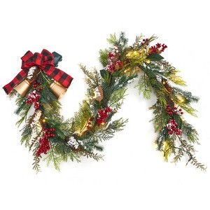 6 Ft Pre Lit Christmas Garlands, Artificial Garland with Bows & Bell Ornaments, Red Berries, Pine Cones, Christmas Decor for Mantle Stair - 1 of 4