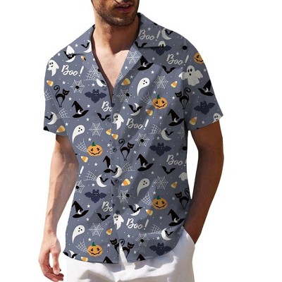 Mens Halloween Christmas Shirts Funky Santa Button Down Shirt Printed Short Sleeve Bowling