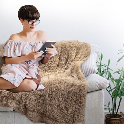 Taupe Reversible Faux Fur and Fleece Throw Blanket