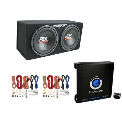 MTX TNE212D 12" 1200W Dual Loaded Car Subwoofers + Box + Planet 1500W Amp + Kit