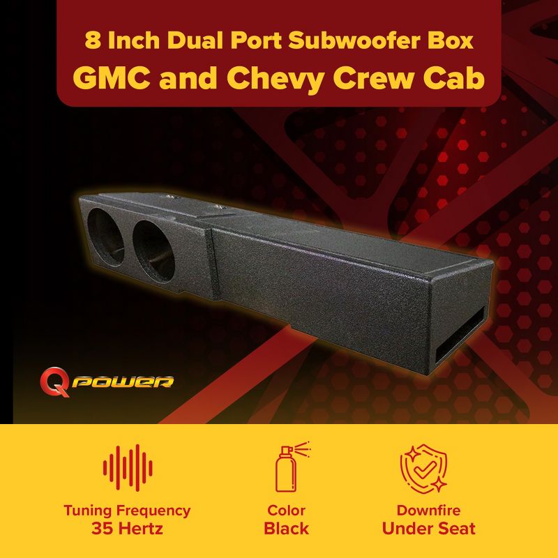 QPower QBGMCFF07208 8 Inch Dual Port Subwoofer Enclosure Box with Underseat Down Fire for GMC and Chevy Crew Cab 2007 to Current, 2 of 7