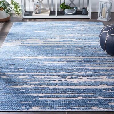 Blue and Beige Geometric Synthetic Square Rug