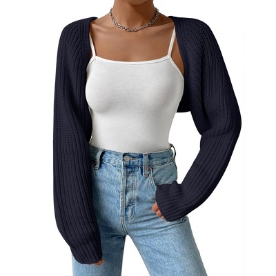 Womens Winter Sweater Shrugs Thick Sweater Knit Bolero Long Sleeve Open Front Cropped Sweater Knit Jackets,Dark Blue - M