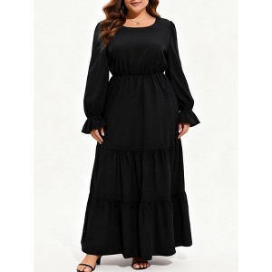 Plus Size Women's Long Sleeve Maxi Dress with Bell Sleeves Double Layer Hem Fall Casual Swing Dress with Pockets - 1 of 4