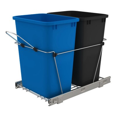 Rev-A-Shelf RV-18KD-2218C-S Double 35 Quart Pull Out Waste Containers for Kitchen Cabinet Blue and Black Garbage Trash Recycling Bins, Steel Mount