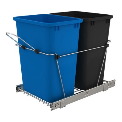 Rev-A-Shelf RV-18KD-2218C-S Double 35 Quart Pull Out Waste Containers for Kitchen Cabinet Blue and Black Garbage Trash Recycling Bins, Steel Mount