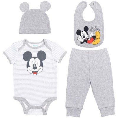 Disney Mickey Mouse Bodysuit Pants Bib and Hat 4 Piece Outfit Set Baby Blue 
