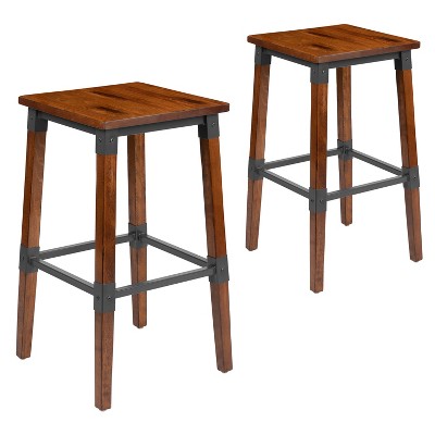 Emma and Oliver 2 Pack Commercial Grade Rustic Walnut Industrial Style Backless Wood Barstool