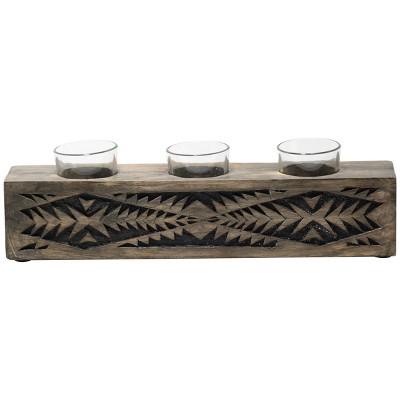 Black Wood Southwest Pattern 3 Votive Candle Holder with Glass Inserts - Foreside Home & Garden