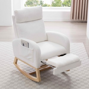 MAYEERTY Teddy Fabric Leisure Rocking Chair, Adjustable Footstool Thickened Headrest Storage Pocket Solid Wood Base, Nursery Living Room, White - 1 of 4