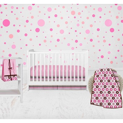 Bacati - Mod Dots Stripes Pink Fuschia Beige Chocolate 4 pc Crib Bedding Set with Diaper Caddy