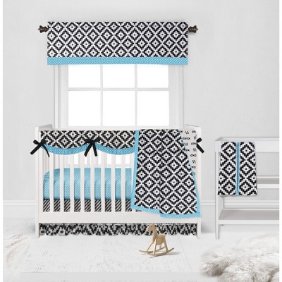 Bacati - Love Aztec Print Black Turquoise 6 pc Crib Bedding Set with Long Rail Guard Cover