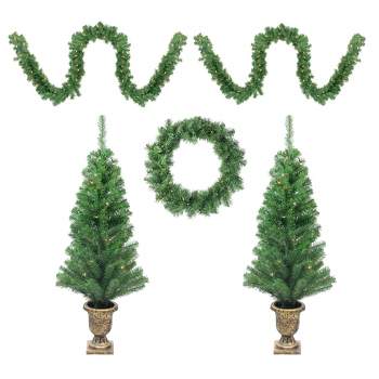 Northlight Prelit Artificial Christmas Trees, Wreath and Garland Set Winter Spruce 5pc - Clear Lights