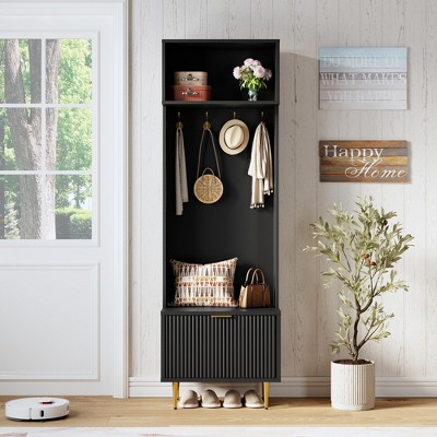 Hall Tree with Bench and Storage, Coat Rack with Shoe Bench, Entryway Bench with 4 Gold Hooks and Metal Legs, for Entryway, Living Room, Hallway