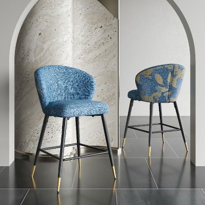 CAVINAS 28"H Counter-Height Bar Stools with Jacquard Upholstery, Metal Frame, and Metal Footrest, Set of 2