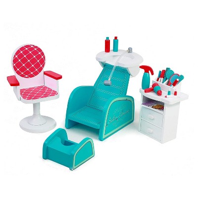 Playtime by Eimmie Real Wooden Nail Salon Spa Dollhouse Furniture with Barber Chair & Beautician Tool Accessories for 18" Dolls, Ages 3 Years & Up