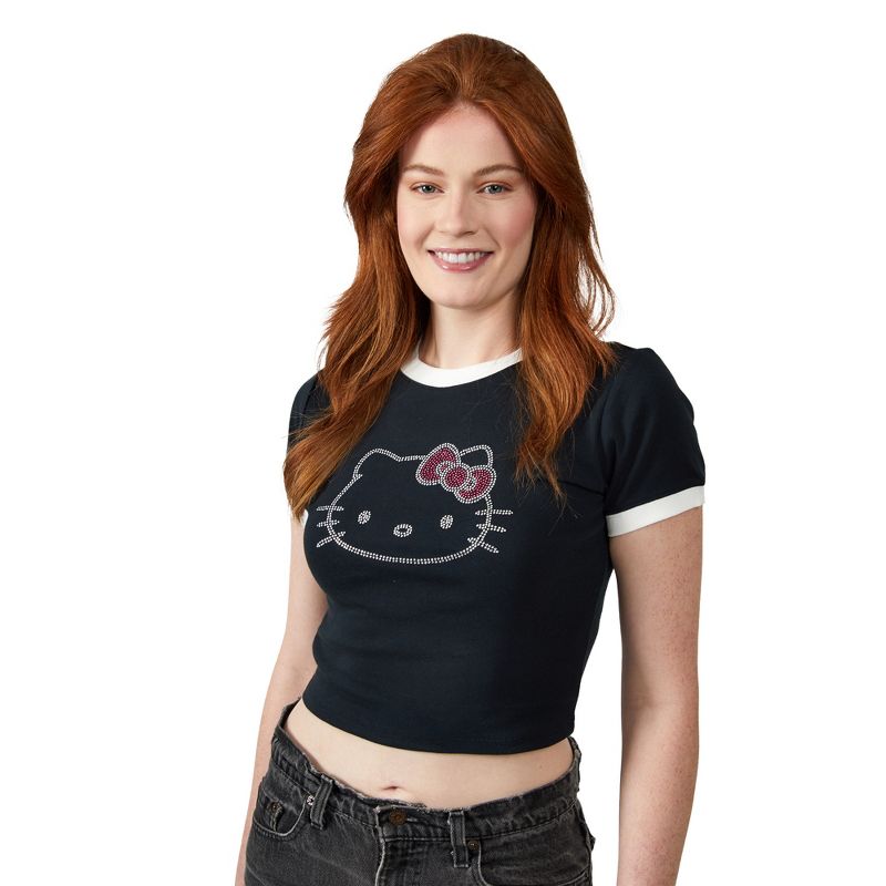 Hello Kitty Character Face Outline Crew Neck Short Sleeve Black Women's Crop Top Baby Tee, 4 of 5