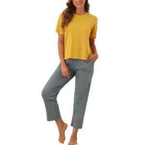 cheibear Women's Short Sleeve Top with Pants Pajama Sets - 1 of 4
