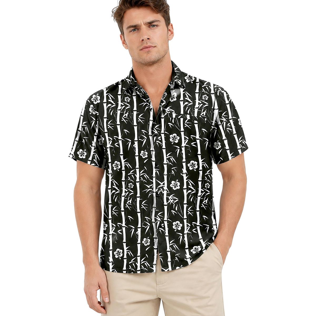LA LEELA Men's Hawaiian Shirt Vacation Funny Party 3X-Large Black Leaves