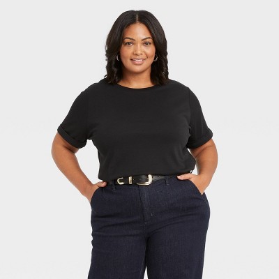 Women's Plus Size Short Sleeve Interlock T-Shirt - Ava & Viv™ Black 2X