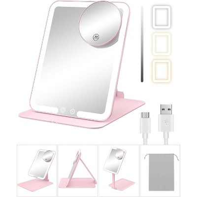 Travel Makeup Mirror with Lights and Magnification 10X, with Adjustable Stand
