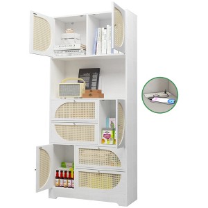 Storage Cabinet with Rattan Doors, Tall Freestanding Hutch with Power Outlet, 4 Doors & 4 Drawers - 1 of 4