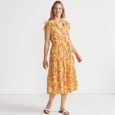 Lands' End Women's Ruffle Sleeve Chiffon Tiered Midi Dress