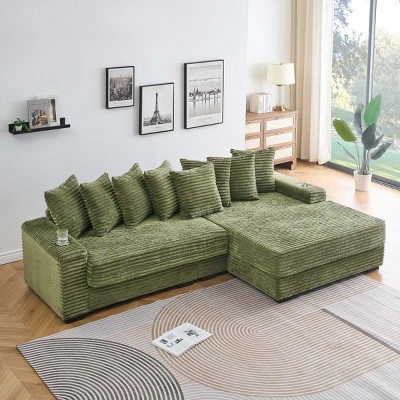 L Shaped Corduroy Sofa with Storage Armrests,4 Seat Sofa with Reversible Chaise Lounge for Living Room,Corduroy Sofa with Cup Holders-Koiai