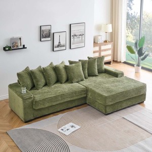 L Shaped Corduroy Sofa with Storage Armrests,4 Seat Sofa with Reversible Chaise Lounge for Living Room,Corduroy Sofa with Cup Holders-Koiai - 1 of 4