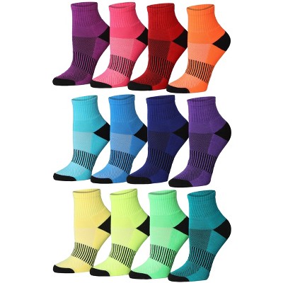 Tipi Toe Women's 12-Pairs Running & Athletic Sports Performance Rainbow Spectrum Black-Checkered Patterned Quarter Socks