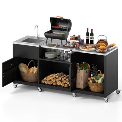 Costway 80" Outdoor Grill Table with Sink Drainage Cabinet Removable Stainless Steel Top