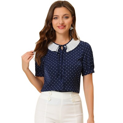 Allegra K Women's Contrast Peter Pan Collar Button Down Polka Dots Blouse