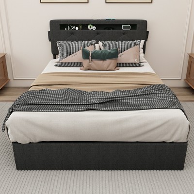 Queen Size Bed Frame with USB Charging Station and LED Lights