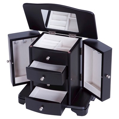 Black Wooden Jewelry Box with Suede Lining and Silver Pulls