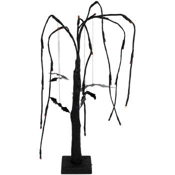 Northlight 24" LED Lighted Black Glittered Halloween Willow Tree with Bats - Orange Lights