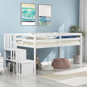 Twin Size Loft Bed, Pine Wood Twin Loft Bed Frame with Staircase, Storage Space, Slide, Full-Length Safety Guardrails for Bedroom - 1 of 4