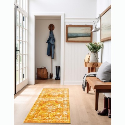 Orange and Yellow Synthetic Stain-Resistant Runner Rug