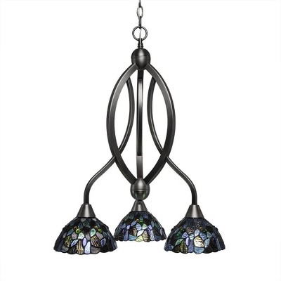 Toltec Lighting Bow 3 - Light Chandelier in  Brushed Nickel with 7" Blue Mosaic Art Glass Shade