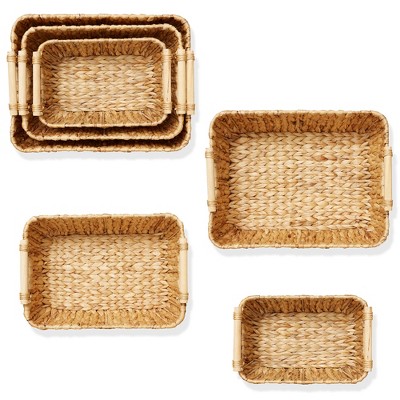 Set of 3 Beige Water Hyacinth Rectangular Storage Baskets with Wooden Handles