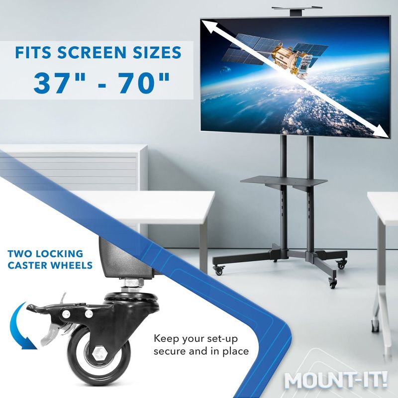 Mount-It! Height Adjustable Mobile TV Stand, Cart & Shelf, Wheeled Flat Screen with Rolling Casters & Five Media Component Shelves Fits 37 - 70 Inch, 3 of 11