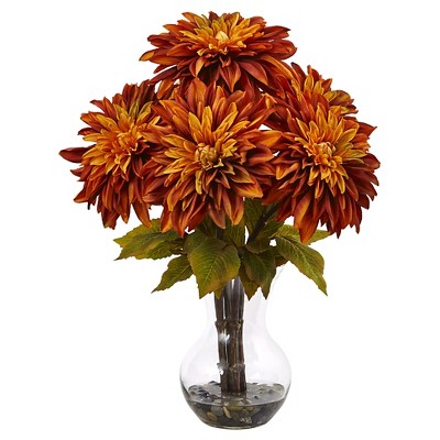 Dahlia Silk Arrangement with Glass Vase - Nearly Natural