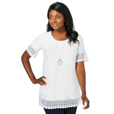 Jessica London Women's Plus Size Stretch Cotton Crochet Trim Tunic - 22/24,  White