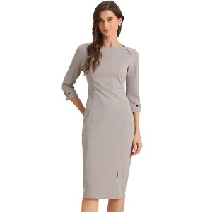 INSPIRE CHIC Women's Elegant Boat Neck 3/4 Sleeves Work Midi Split Sheath Dress - 1 of 4