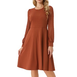 Seta T Women's Lantern Long Sleeve Round Neck Elegant Swiss Dots Work Knee Length Dress - 1 of 4